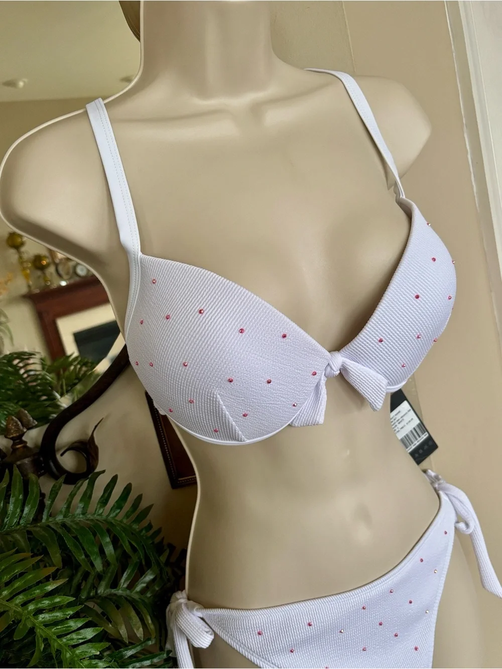 NWT White & Pink Studded Embellished Bikini High Cut 2-Piece Swim Push Up Bra